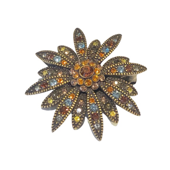 JOAN RIVERS SMALL AUTUMN COLORED CRYSTAL SUNBURST FLOWER BROOCH - Picture 3 of 14